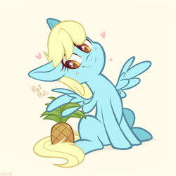 Size: 800x800 | Tagged: safe, artist:higgly-chan, imported from derpibooru, sassaflash, pegasus, pony, trade ya, blushing, cute, female, food, heart, herbivore, mare, pat, pineapple, simple background, sitting, solo, that pony sure does love pineapples