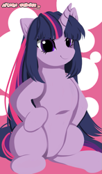 Size: 649x1104 | Tagged: safe, artist:nijidashiey7, imported from derpibooru, twilight sparkle, pony, abstract background, cute, female, hooves on hips, long mane, mare, sitting, smiling, solo, twiabetes
