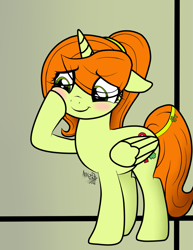 Size: 1053x1362 | Tagged: safe, artist:arrgus-korr, deleted from derpibooru, imported from derpibooru, oc, oc only, alicorn, pony, abstract background, alicorn oc, base used, blushing, clover, eye clipping through hair, female, full body, green background, green eyes, mare, raised hoof, signature, solo