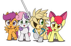 Size: 1206x784 | Tagged: safe, artist:droll3, imported from derpibooru, apple bloom, scootaloo, sweetie belle, pony, clothes, colt, crossover, cutie mark crusaders, eyepatch, female, filly, flag pole, group, guilty gear, happy, jacket, male, ponified, simple background, sin kiske, spiky hair