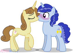 Size: 2714x1996 | Tagged: safe, artist:amgiwolf, imported from derpibooru, oc, oc only, oc:coffee cake, oc:popper, pony, unicorn, blushing, eyelashes, female, horn, kissing, male, mare, raised hoof, simple background, stallion, transparent background, unicorn oc