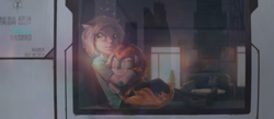 Size: 4600x2000 | Tagged: safe, artist:emerald-light, imported from derpibooru, oc, oc only, oc:rain dew, human, kirin, duo, eyes closed, hugging a pony, kirin oc, looking out the window, window