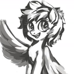 Size: 1745x1745 | Tagged: safe, artist:emerald-light, imported from derpibooru, oc, oc only, pegasus, pony, monochrome, open mouth, smiling, solo, wing wave