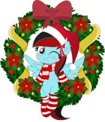 Size: 5000x5786 | Tagged: safe, artist:jhayarr23, imported from derpibooru, oc, oc only, oc:daytona, pegasus, pony, blushing, bow, christmas, clothes, cute, female, half-breed, hat, holiday, jhayarr23's holiday ych, mare, movie accurate, one eye closed, santa hat, scarf, simple background, socks, solo, striped socks, transparent background, wink, wreath, ych result