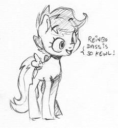 Size: 970x1050 | Tagged: safe, artist:dilarus, deleted from derpibooru, imported from derpibooru, scootaloo, pegasus, pony, dialogue, female, implied rainbow dash, mare, monochrome, simple background, solo, speech bubble, traditional art, white background