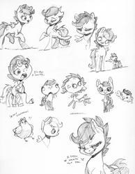 Size: 2458x3166 | Tagged: safe, artist:dilarus, deleted from derpibooru, imported from derpibooru, rainbow dash, scootaloo, bird, chicken, pegasus, pony, abstract, dialogue, doctor, female, filly, mare, monochrome, scootachicken, scootalove, simple background, size difference, smoldash, traditional art, white background