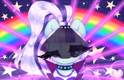 Size: 3078x2000 | Tagged: safe, artist:bunxl, imported from derpibooru, coloratura, earth pony, pony, the mane attraction, blushing, choker, clothes, countess coloratura, female, fog, heart eyes, jacket, jewelry, necklace, one eye closed, ponytail, rainbow, smiling, solo, stage, stars, veil, wingding eyes, wink