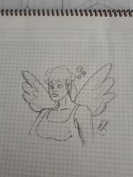 Size: 774x1032 | Tagged: safe, artist:tuc-kaan, imported from derpibooru, derpy hooves, human, clothes, fanart, female, graph paper, happy, humanized, solo, tanktop, traditional art, wings