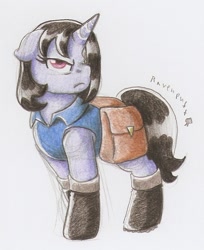 Size: 565x691 | Tagged: safe, artist:ravenpuff, imported from derpibooru, oc, oc:zapp, pony, unicorn, bag, female, mare, saddle bag, solo, traditional art