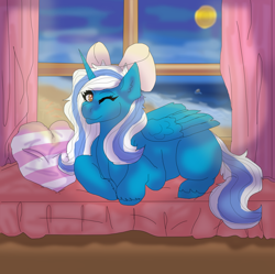 Size: 1024x1020 | Tagged: safe, artist:orchidcrystal, imported from derpibooru, oc, oc:fleurbelle, alicorn, adorabelle, adorable face, alicorn oc, bow, curtains, cute, female, hair bow, horn, laying on stomach, mare, moon, moonlight, ocbetes, ocean, one eye closed, pillow, pretty, prone, sand, smiling, window, wink