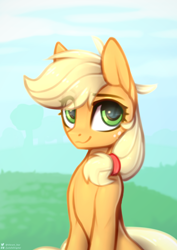 Size: 2480x3507 | Tagged: safe, artist:justafallingstar, imported from derpibooru, applejack, earth pony, pony, bust, colored sketch, cute, eye clipping through hair, female, hatless, jackabetes, mare, missing accessory, redraw, sitting, smiling, solo