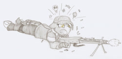 Size: 1280x618 | Tagged: safe, artist:ravenpuff, imported from derpibooru, oc, oc only, oc:avalon, anthro, unguligrade anthro, anthro oc, censored vulgarity, clothes, female, grawlixes, gun, machine gun, mare, mg42, monochrome, neo noir, open mouth, partial color, prone, shooting, solo, traditional art, uniform, weapon