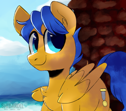 Size: 2461x2160 | Tagged: safe, artist:shibaroll, imported from derpibooru, oc, oc:crushingvictory, pegasus, pony, chest fluff, cliff, folded wings, ocean, smiling, solo, wave, wings