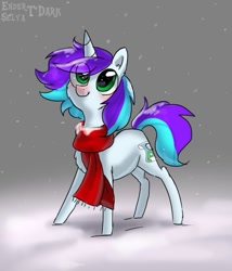 Size: 897x1049 | Tagged: safe, artist:enderselyatdark, imported from derpibooru, oc, oc only, pony, unicorn, chibi, clothes, cute, horn, scarf, snow, snowfall, solo, unicorn oc