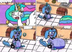 Size: 1280x921 | Tagged: safe, artist:eternaljonathan, imported from derpibooru, princess celestia, princess luna, alicorn, balloon pony, inflatable pony, pony, comic:first three back, balloona, belly, belly expansion, canterlot, canterlot castle, comic, drinking, glass, glass of water, growth, huge belly, inflation, kitchen, levitation, magic, royal sisters, stomach growl, stomach noise, stuffed, telekinesis, traditional art, water