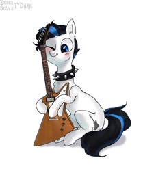 Size: 1022x1224 | Tagged: safe, artist:enderselyatdark, imported from derpibooru, oc, oc only, pony, chibi, collar, cute, guitar, musical instrument, one eye closed, simple background, solo, spiked collar, white background
