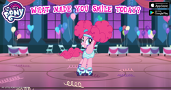 Size: 960x504 | Tagged: safe, imported from derpibooru, pinkie pie, earth pony, pony, balloon, clothes, confetti, costume, facebook, female, gameloft, mare, my little pony logo, official, pinkie puffs, ribbon, roller skates, skates, smiling, solo, table