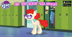 Size: 960x504 | Tagged: safe, imported from derpibooru, twist, earth pony, pony, the last problem, canterlot high, cap, facebook, female, gameloft, glasses, hat, lidded eyes, looking at you, mare, my little pony logo, official, older, older twist, smiling, solo