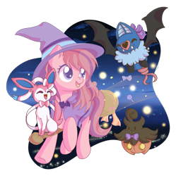 Size: 2163x2170 | Tagged: safe, artist:musicfirewind, artist:wavecipher, imported from derpibooru, oc, oc:sweet haze, earth pony, broom, candy, clothes, costume, crossover, cute, flying, flying broomstick, food, halloween, halloween costume, holiday, lollipop, pokémon, simple background, transparent background, witch, ych result