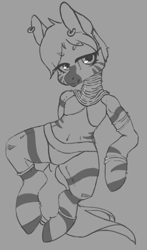 Size: 1401x2378 | Tagged: safe, artist:slimeprnicess, imported from derpibooru, zecora, semi-anthro, zebra, /mlp/, 4chan, armlet, bracelet, clothes, drawthread, ear piercing, earring, elena, female, jewelry, monochrome, neck rings, panties, piercing, solo, street fighter, tail, underwear