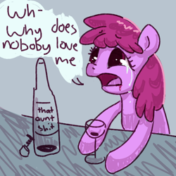 Size: 602x603 | Tagged: safe, artist:archego-art, artist:tilling-tan, imported from derpibooru, berry punch, berryshine, earth pony, pony, /mlp/, 4chan, alcohol, corkscrew, crying, drawthread, drunk, female, red wine, solo, speech bubble, text, vulgar, wine