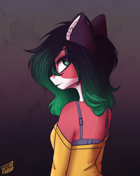Size: 4677x5894 | Tagged: safe, artist:tyna, imported from derpibooru, oc, oc only, anthro, anthro oc, bra strap, clothes, commission, ear fluff, female, looking at you, looking back, looking back at you, looking over shoulder, mare, shoulderless, ych result