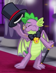 Size: 720x937 | Tagged: safe, artist:texasuberalles, imported from derpibooru, spike, dragon, bowtie, eyes closed, hat, male, monocle, solo, top hat, walking stick, winged spike, wings