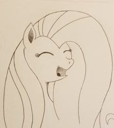 Size: 1820x2048 | Tagged: safe, artist:polar_storm, imported from derpibooru, fluttershy, pegasus, pony, bust, eyes closed, female, happy, mare, monochrome, open mouth, simple background, sketch, solo, traditional art, white background