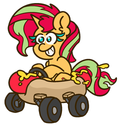 Size: 1000x1050 | Tagged: safe, artist:threetwotwo32232, imported from derpibooru, sunset shimmer, pony, unicorn, car, colored eyelashes, female, food, hot dog, mare, meat, sausage, simple background, solo, transparent background