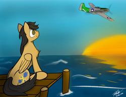 Size: 5200x4000 | Tagged: safe, artist:flywheel, imported from derpibooru, oc, oc only, oc:crisom chin, pegasus, pony, aircraft, ocean, p-51 mustang, pier, plane, sitting, solo, sunrise, sunset, wings
