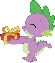 Size: 4532x5198 | Tagged: safe, artist:wissle, imported from derpibooru, spike, dragon, friendship is magic, absurd resolution, eyes closed, fangs, happy, holding, holding a present, male, present, simple background, smiling, solo, spike day, transparent background, vector, walking