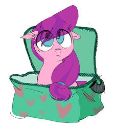 Size: 1260x1386 | Tagged: safe, artist:hattsy, imported from derpibooru, lily longsocks, earth pony, pony, bag, box, cute, drawthread, eye clipping through hair, female, filly, floppy ears, heart, lunch bag, pack, pony in a box, simple background, solo, white background