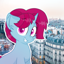 Size: 1150x1150 | Tagged: safe, artist:rainbow eevee, imported from derpibooru, oc, oc only, oc:spring grezt, pony, aesthetic, anxious, beautiful, building, colored pupils, colorful, cute, eyebrows, eyebrows visible through hair, france, icon, irl, looking at you, magical lesbian spawn, offspring, parent:spring rain, parent:tempest shadow, parents:springshadow, paris, photo, solo, vibrant colours