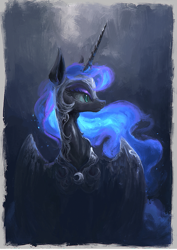 Size: 779x1101 | Tagged: safe, artist:plainoasis, imported from derpibooru, nightmare moon, alicorn, pony, armor, bust, digital art, ethereal mane, female, flowing mane, helmet, horn, jewelry, lidded eyes, mare, painting, portrait, regalia, side view, solo, spread wings, wings