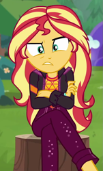 Size: 561x926 | Tagged: safe, imported from derpibooru, screencap, sunset shimmer, equestria girls, equestria girls series, sunset's backstage pass!, spoiler:eqg series (season 2), cropped, female, shrunken pupils, solo, tree stump