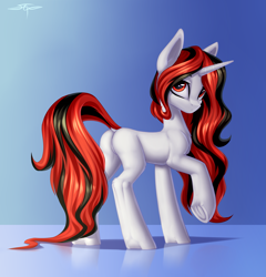 Size: 2877x3000 | Tagged: safe, artist:setharu, imported from derpibooru, oc, oc only, pony, unicorn, female, gradient background, horn, mare, not blackjack, simple background, solo, underhoof