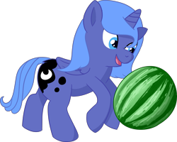 Size: 5347x4284 | Tagged: safe, artist:poniidesu, imported from derpibooru, princess luna, alicorn, pony, /mlp/, absurd resolution, cute, drawthread, female, filly, food, kicking, lunabetes, ponified, ponified animal photo, simple background, solo, transparent background, watermelon, woona, younger