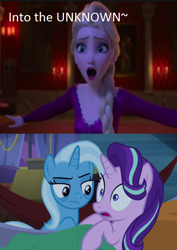 Size: 612x864 | Tagged: safe, artist:mega-poneo, edit, edited screencap, imported from derpibooru, screencap, starlight glimmer, trixie, road to friendship, elsa, frozen (movie), frozen 2, meme