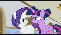 Size: 1024x600 | Tagged: safe, alternate version, artist:emeriss96, edit, edited screencap, imported from derpibooru, screencap, vector edit, rarity, twilight sparkle, alicorn, pony, unicorn, friendship university, door, evil grin, grin, hairstyle, smiling, twilight sparkle (alicorn), vector