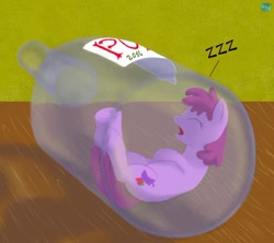 Size: 600x533 | Tagged: safe, artist:quint-t-w, imported from derpibooru, berry punch, berryshine, earth pony, pony, 2014, bottle, bottled character, drool, drunk, female, go home you're drunk, inside, micro, old art, onomatopoeia, open mouth, sleeping, solo, sound effects, zzz
