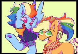 Size: 640x449 | Tagged: artist needed, safe, imported from derpibooru, applejack, rainbow dash, earth pony, pegasus, pony, the last problem, appledash, clothes, cute, duo, female, flying, granny smith's scarf, granny smith's shawl, happy, lesbian, mowhawk, older, older applejack, older rainbow dash, shipping, simple background, smiling, talking