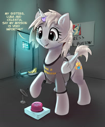 Size: 1397x1698 | Tagged: safe, artist:xbi, derpibooru exclusive, imported from derpibooru, oc, oc only, alicorn, pony, 30 minute art challenge finished after, alicorn oc, banana, blatant lies, button, cheated, clothes, food, horn, horn ring, magic suppression, obey, prison cell, raised hoof, sad, satellite dish, shirt, solo