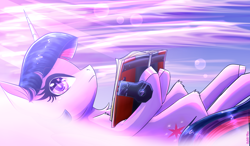 Size: 2400x1400 | Tagged: safe, artist:celes-969, artist:spirit-fire360, imported from derpibooru, twilight sparkle, pony, unicorn, book, crepuscular rays, cute, female, lens flare, looking at you, mare, on back, reading, solo, unicorn twilight