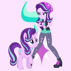 Size: 1280x1280 | Tagged: safe, artist:davidsfire, artist:lyra-stars, artist:media1997, imported from derpibooru, starlight glimmer, pony, unicorn, equestria girls, mirror magic, spoiler:eqg specials, beanie, cutie mark background, duality, duo, female, hat, human ponidox, lidded eyes, looking at each other, mare, pink background, raised leg, self ponidox, simple background, smiling, solo