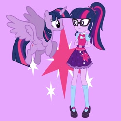 Size: 1280x1280 | Tagged: safe, artist:aqua-pony, artist:luckreza8, artist:media1997, imported from derpibooru, sci-twi, twilight sparkle, alicorn, pony, equestria girls, cutie mark background, duality, female, glasses, human ponidox, looking at each other, mare, purple background, self ponidox, simple background, smiling, spread wings, twilight sparkle (alicorn), twolight, wings