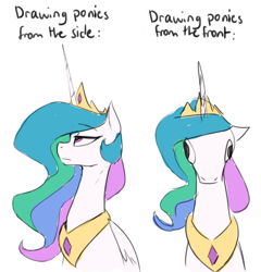 Size: 808x843 | Tagged: safe, artist:anticular, imported from derpibooru, princess celestia, alicorn, pony, comparison, derp, female, front view, hoers, jewelry, majestic as fuck, mare, peytral, princess celestia is a horse, realistic, regalia, side view, simple background, sitting, solo, text, truth, wall eyed, wat, white background