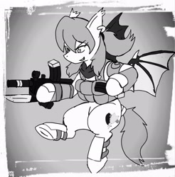 Size: 2017x2048 | Tagged: safe, alternate version, artist:omegapony16, imported from derpibooru, oc, oc only, oc:oriponi, bat pony, pony, armor, bat pony oc, bayonet, clothes, ear piercing, earring, female, flying, frog (hoof), grayscale, grin, gun, hoof hold, jewelry, mare, monochrome, piercing, smiling, soldier, solo, underhoof, vest, weapon