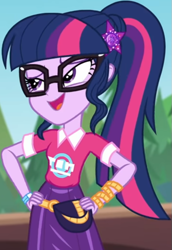 Size: 537x780 | Tagged: safe, imported from derpibooru, screencap, sci-twi, twilight sparkle, equestria girls, equestria girls series, sunset's backstage pass!, spoiler:eqg series (season 2), clothes, collar, cropped, cute, female, forest, forest background, geode of telekinesis, glasses, hairclip, hand on hip, hands on hip, lidded eyes, logo, magical geodes, music festival outfit, ponytail, pouch, shirt, short sleeves, skirt, smiling, solo, wrist wraps