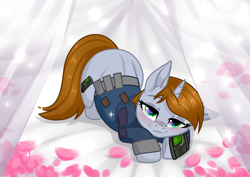 Size: 3465x2454 | Tagged: safe, alternate version, artist:rioshi, artist:sparkling_light, artist:starshade, imported from derpibooru, part of a set, oc, oc only, oc:littlepip, pony, unicorn, fallout equestria, alternate character, base used, bed, bedroom eyes, blushing, clothes, cute, cutie mark, face down ass up, fanfic, fanfic art, female, flower petals, hooves, horn, jumpsuit, looking at you, mare, pipbuck, smiling, solo, vault suit, ych result