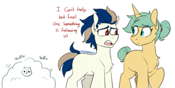 Size: 1327x668 | Tagged: safe, artist:redxbacon, imported from derpibooru, oc, oc only, oc:lemon lime (ender), oc:sub-base ensemble, earth pony, pony, unicorn, bush, concerned, following, hiding in bushes, looking at each other, stalker, stalking